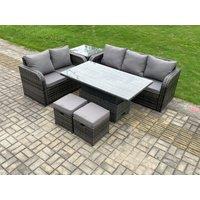 Fimous Outdoor Rattan Garden Furniture Sets Height Adjustable Rising lifting Dining Table Lounge Sofa Set With Side Table in Dark Grey
