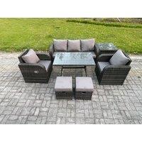Fimous Rattan Wicker Garden Furniture Patio Conservatory Sofa Set with Rectangular Dining Table Reclining Chair in Dark Grey