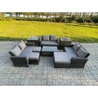 Fimous 9pc Rattan Sofa Garden Furniture Outdoor Patio Set with 2 Side Tables 3 Footstools Love Seat Sofa Dark Grey Mixed