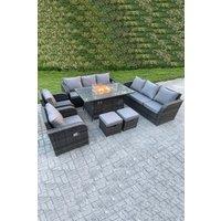 Outdoor Rattan High Back Sofa Set Fire Pit Dining Table Gas Heater 2 Recling Chairs Footstools 10 Seater