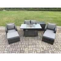 Fimous Rattan Garden Furniture Set Outdoor Patio Gas Fire Pit Dining Table & Chairs with Love seat Sofa in Dark Grey