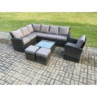 Fimous 9 Seater Outdoor Furniture Garden Dining Set Rattan Corner Sofa Set with Square Coffee Table 2 Small Footstools Dark Grey Mixed