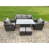 Fimous Rattan Furniture Garden Dining Sets Outdoor Height Adjustable Rising lifting Table & Chair Set With Lounge Sofa 2 Small Footstools in Dark Grey