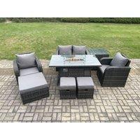 Fimous Rattan Garden Furniture Set Outdoor Patio Gas Fire Pit Dining Table & Chairs with 3 Footstools in Dark Grey