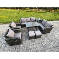 Fimous 9 Seater High Back PE Rattan Sofa Set Outdoor Garden Furniture Dining Table Set With Reclining Chair 3 Seater Sofa in Dark Grey