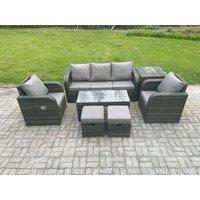 Fimous 7 PC Rattan Garden Furniture Set with Rectangular Coffee Table Side Table 2 Small Footstools Patio Outdoor Rattan Set in Dark Grey