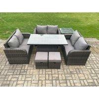 Fimous Rattan Garden Outdoor Furniture 3 PC Love Sofa Set Patio Adjustable Rising lifting Dining Table With Side Table 2 Small Footstools in Dark Grey