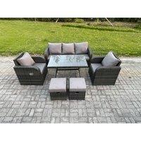 Fimous 7 Seater Rattan Wicker Garden Furniture Patio Conservatory Sofa Set with Rectangular Dining Table Reclining Chair in Dark Grey