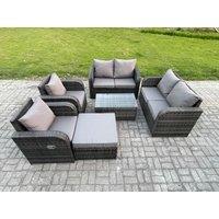 Fimous Rattan Garden Furniture Set Patio Outdoor Lounge Sofa Set with 2 Reclining Chairs Rectangular Coffee Table Big Footstool in Dark Grey