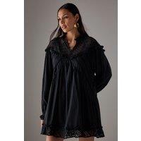 Warehouse Women's HCD Cotton Lace Insert Mini Smock Dress in Black | Size: 10