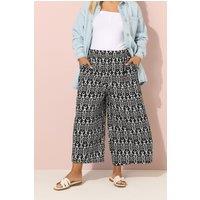 Yours Women's Abstract Print Textured Wide Leg Trousers in Black | Size: 20