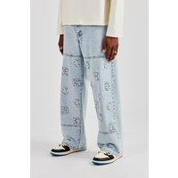 Etched Motif Baggy Fit Jean - Light Blue