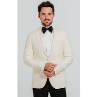 Dobell Men's White Slim Fit Peak Lapel 2 Piece Tuxedo with Black Trousers in Cream | Size: 44L