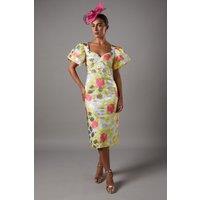 Metallic Jacquard Volume Sleeve Midi Dress