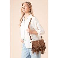 Faith Women's : Solindra Suede Stud Detail Tassel Cross Body Bag in Taupe