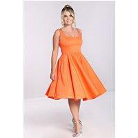 Hell Bunny Women's 50s Style Cotton Satin Orange Midi Dress with Sweetheart Neckline, Flared Skirt & Pockets | Size: Small
