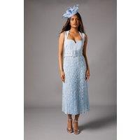 Petite Notch Neck Pleated Lace Skirt Midi Dress