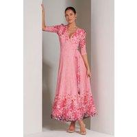 Jolie Moi Women's Peggy Ruched Sleeve Wrap Mesh Maxi Dress in Pink | Size: 8