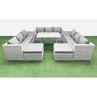 Fimous 11 Seat Patio PE Rattan Garden Furniture with 2 Big Stools Light Grey