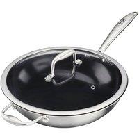 Cooks Professional Tri-Ply Wok Pan with Lid & Non-Stick Coating for All Hobs - 28cm in Silver | Size: 1 Pack