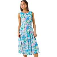 Roman Women's Petite Abstract Pleated Midi Dress in Blue | Size: 14