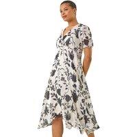 Roman Women's Floral Print Hanky Hem Midi Dress in White | Size: 12