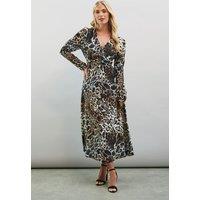 Wallis Women's Petite Leopard Viscose Ruched Sleeve Midi Dress in Neutral | Size: 12