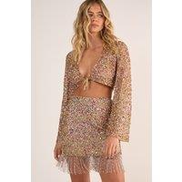 Metallic Net Sequin Pearl Tie Front Fluted Sleeve Top