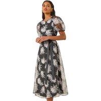 Roman Women's Floral Organza Belted Dress in Black | Size: 12