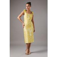 Jacquard Tie Shoulder Button Through Pencil Midi Dress