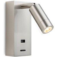 Netlighting Clifton LED Wall Reading Light & USB Port Brushed Steel in Grey