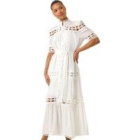 Roman Women's Lace Detail Belted Midi Dress in White | Size: 10