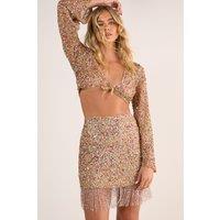 Metallic Net Sequin Pearl Tassel Tie Side Mini Skirt