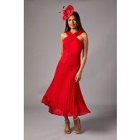 Coast Women's Petite Cross Over Neck Pleated Midi Dress in Flame Red | Size: 8