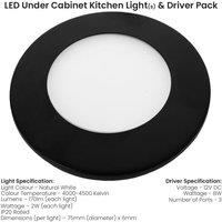 Loops 2x MATT BLACK Ultra-Slim Round Under Cabinet Kitchen Light & Driver Kit - Natural White Diffused LED