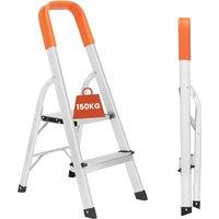Novecrafto Small Step Ladder 2 step, Compact Aluminium Foldable Step Ladders with Safety Handrail in Silver