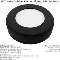 Loops 2x MATT BLACK Round Surface or Flush Under Cabinet Kitchen Light & Driver Kit - Natural White LED