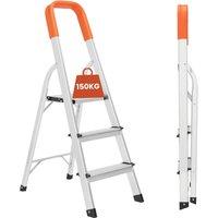 Novecrafto Folding 3 Step Ladder, Portable Aluminium Step Ladders, Compact Step Ladder with Safety Handrail in Silver