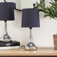 ValueLights Teardrop Pair Fabric Shades Brushed Chrome Touch Table Lamps & Bulbs in Navy