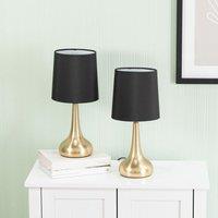 ValueLights Teardrop Pair Fabric Shades Brushed Gold Touch Table Lamps with Bulbs in Black
