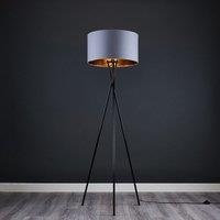 ValueLights Camden Black Metal Tripod Floor Lamp with Grey & Gold Lamp Shade