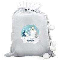 Personalised Memento Company Personalised The Snowman & the Snowdog Luxury Silver Grey Pom Pom Sack in Light Grey