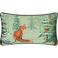 Furn Lodge Wood Fox Embroidered Piped Cushion in Green | Size: 30 cm x 50 cm