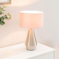 ValueLights Jax Brushed Chrome Dimmable Touch Table Lamp with Fabric Drum Shade & LED Bulb in Baby Pink