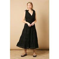 Oasis Women's Tie Shoulder V Neck Broderie Midi Dress in Black | Size: 12