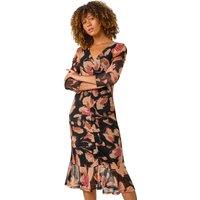 Roman Women's Ruched Floral Frill Dress in Beige | Size: 18