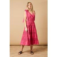 Oasis Women's Petite Tie Shoulder V Neck Broderie Midi Dress in Hot Pink | Size: 10