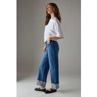 Warehouse Women's Seam Detail Wide Leg Turn Up Denim Jean in Mid Blue | Size: 10