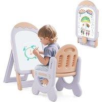 Gymax Folding Standing Art Easel Height-adjustable & Chair Set Purple