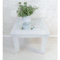 Downton Interiors White Embossed Metal Mirrored Glass Side Table - Agadir Collection | Size: Medium